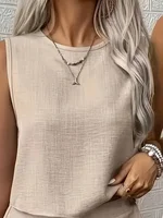 Women’s Plus Size Linen Sets Hollow Out Back Round Neck Sleeveless Vest And Shorts 2-Piece Set Summer Female Daily Vacation Sets - Image 2