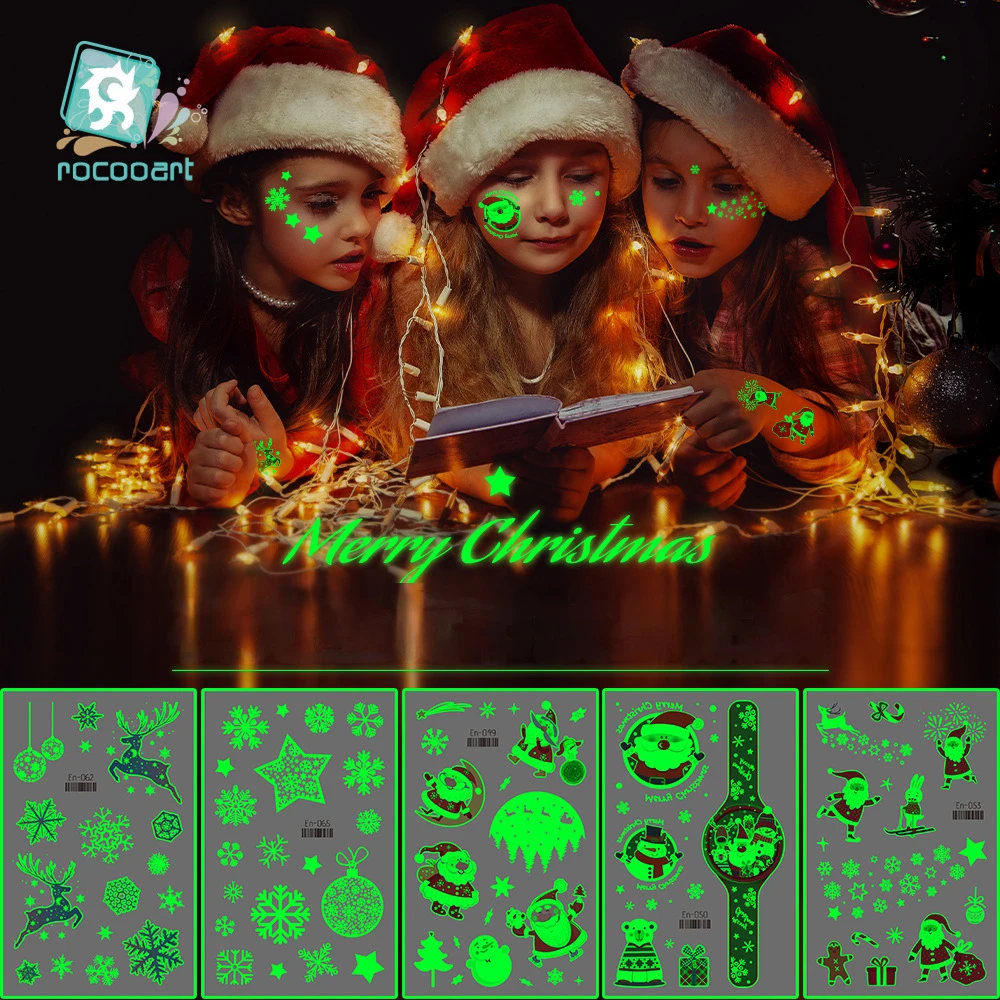 Night Glow Christmas Tattoo Cartoon Snowflake Face Decoration Waterproof Blue Background Glow Temporary Tattoo Sticker 120*75mm