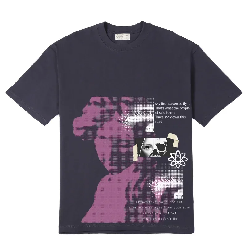 

Japanese Yohji Yamamoto Cotton Men's T-shirts Summer Irregular Face Abstract Printed Tees Casual Round Neck Short Sleeve Tops