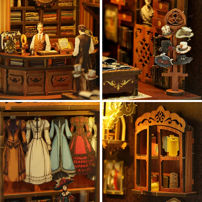 DIY Wooden Royal Sewing Machine Store Book Nook Shelf Insert Miniature Model Kits With Light Bookshelf Bookend Friends Gifts 5