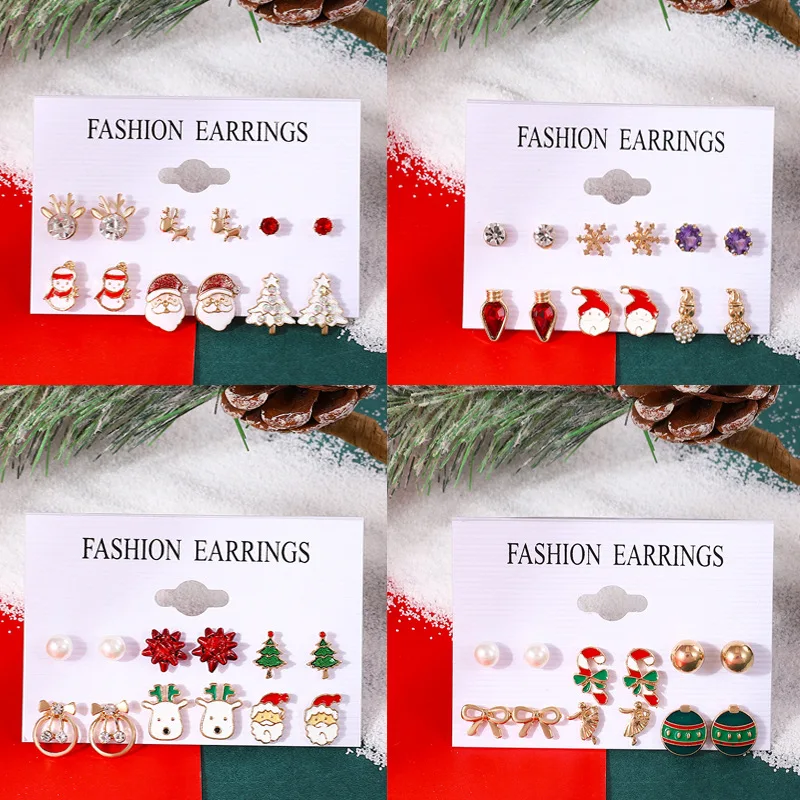 thumbnail image 4 of Juego de 6 pares/lote de pendientes navideños con diseño de árbol de Navidad, alce, muñeco de nieve y Papá Noel, bonitos pendientes con forma de botón, regalos navideños para mujeres, niñas y niños, 4 of 5