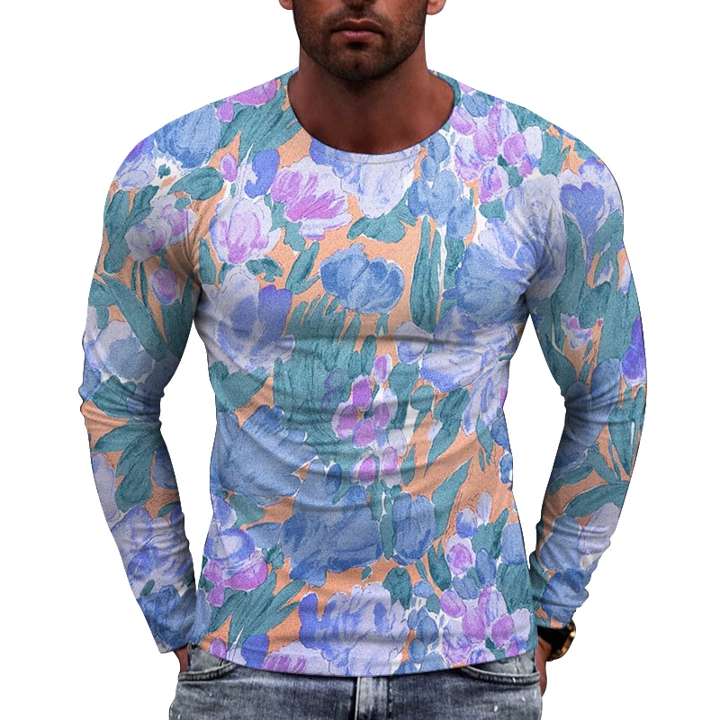 

Футболка мужская с длинным рукавом, свободная модная тенниска с принтом, круглым вырезом, в европейском стиле, большие размеры, на осень и зиму