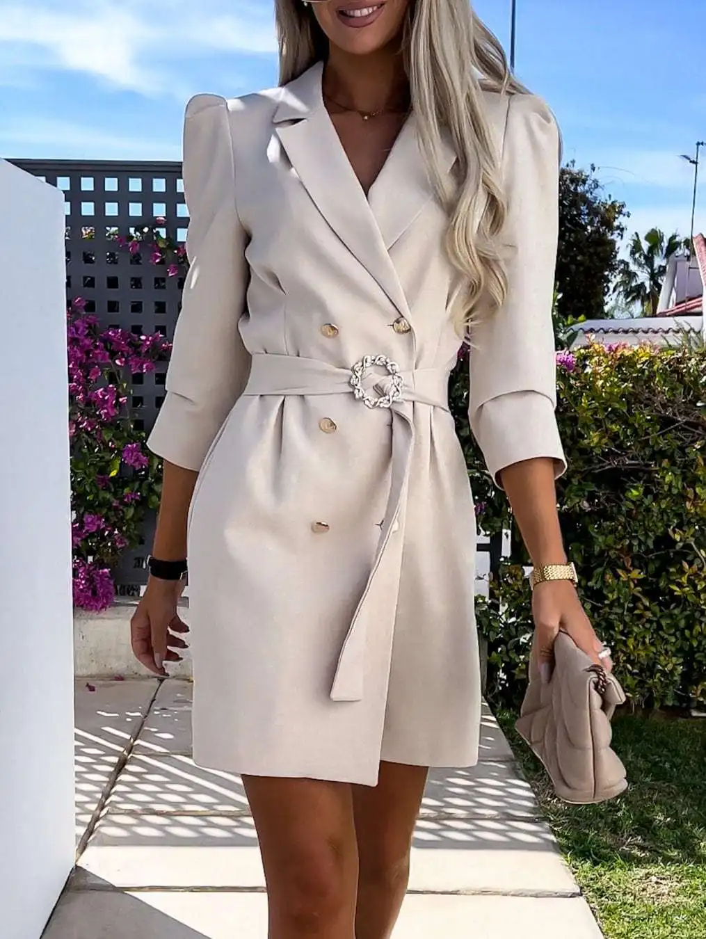 2024 Autumn Slim Blazer Dress Women Elegant Double Breasted Office Lady New  Casual Button Belt Mini Dresses Solid Party