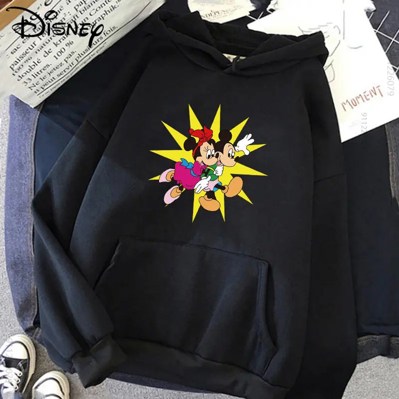 

Autumn Winter Disney Mickey Hoodies Women Cartoons Hooded Sweatshirts Pullover Kawaii Harajuku Black Cool Casual Clothes Tops