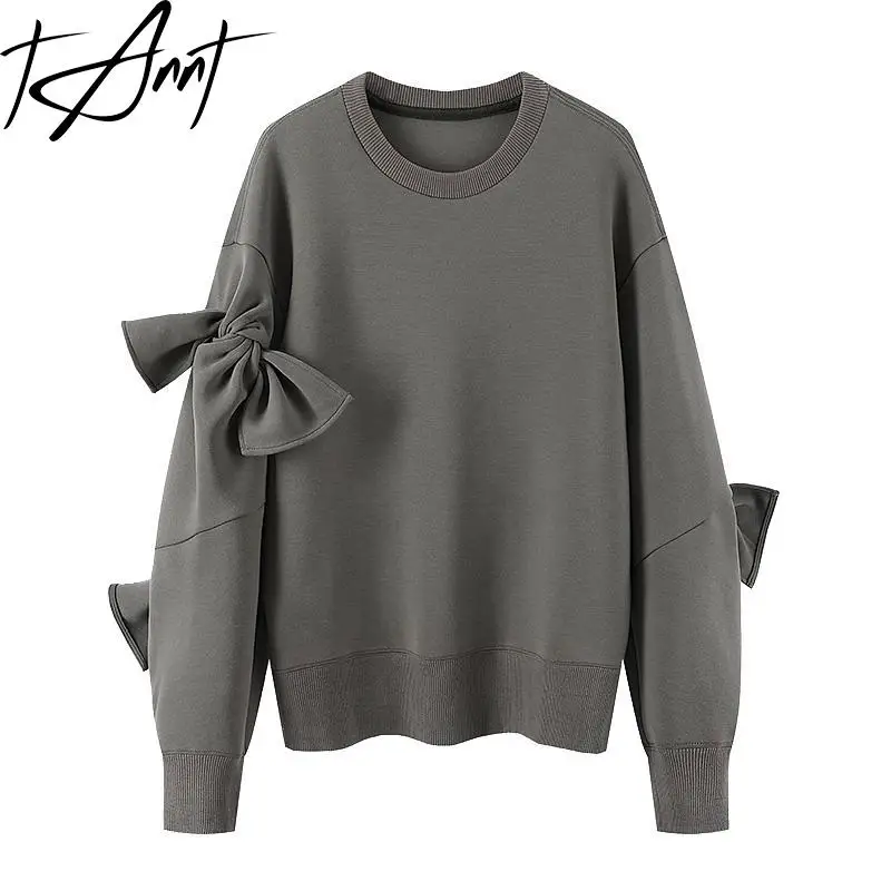 

Tannt Women Hoodies Bow Patchwork Gray Black Fashion Pullovers Sweater Coats Oversize Autumn And Winter Hoodies Sweaters 2023