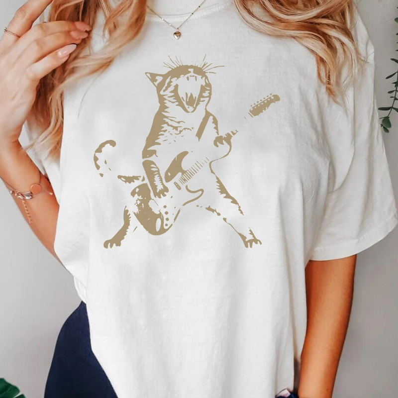 Rock Cat Playing Guitar T Shirt Women Men Funny Guitar Cat T-Shirt Casual Cotton Short Sleeve O Neck T-shirts Unisex Streetwear 4