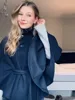 Faux Fur Cloak Jackets Women Loose StandNeck Three Button Wide Sleeves Belt Coats Female 2025 Autumn Solid Chic Fashion Outwears 5