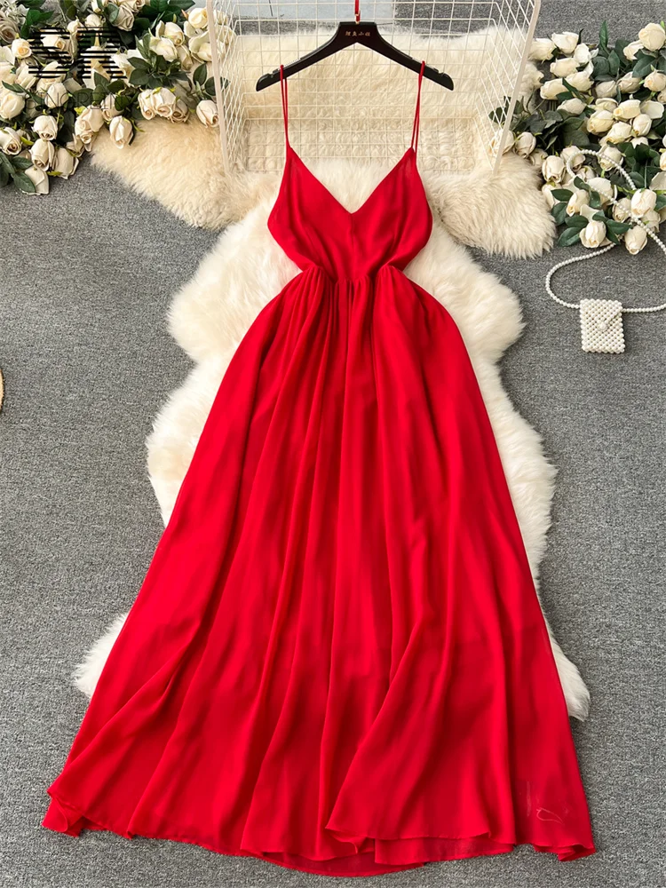 SINGREINY Backless Red Vacation Maxi Dress Women Strap V Neck Sleeveless  Fashion 2024 Ladies Elegant Slim A Line Dresses