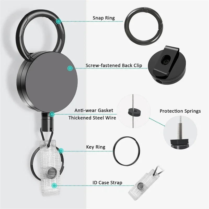 Retractable Metal Wire Keychain with Pull Badge Reel and Elastic Key Ring