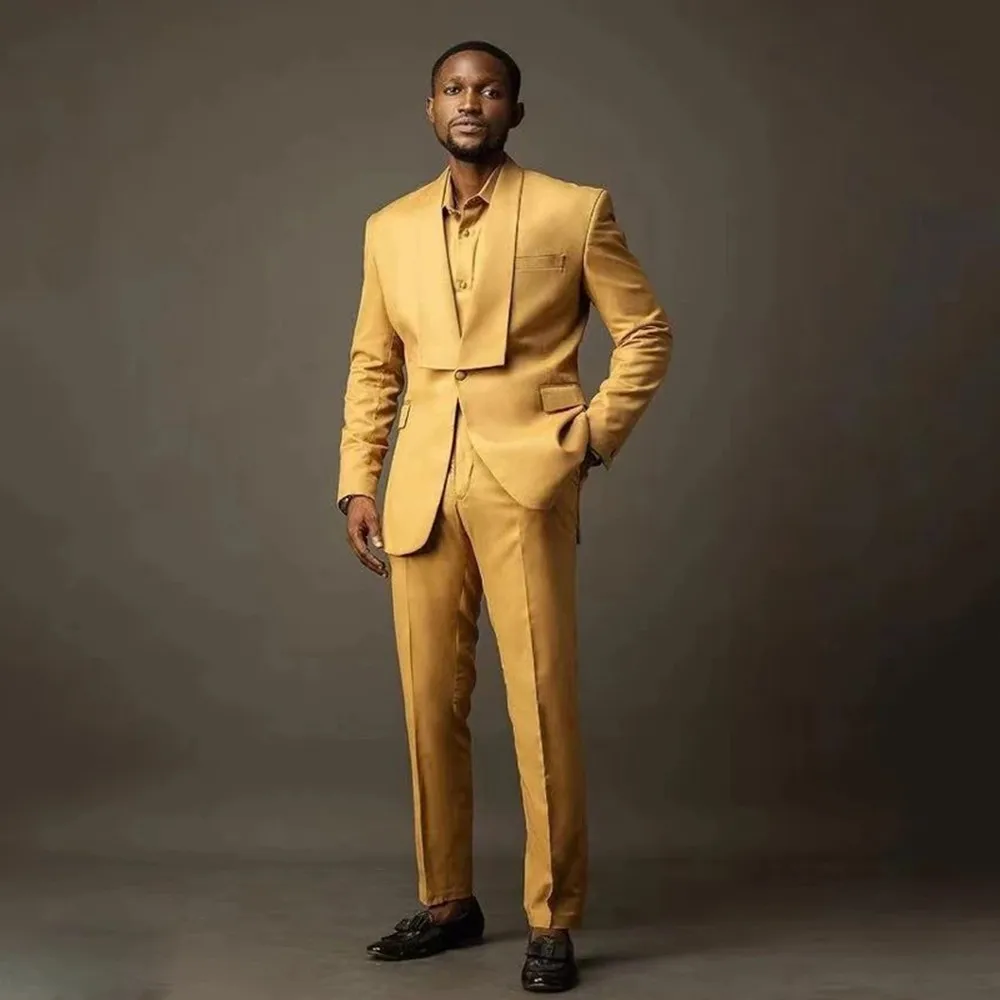 

Wedding Suit For Men Slim Fit Business Elegant Costume Fashion Yellow Tailcoat 2 Pieces Italian Style Halloween Fantasy Set