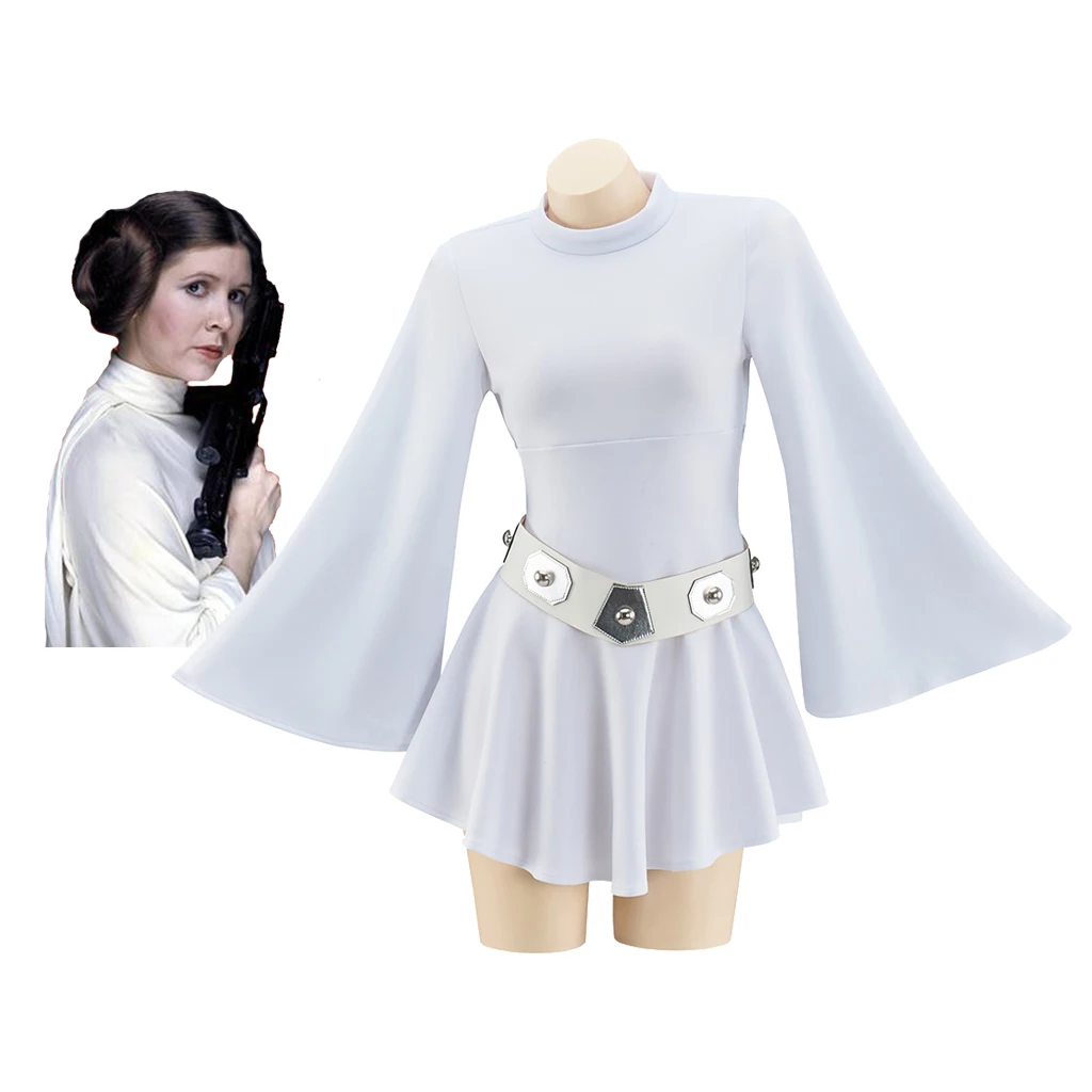 Princess Leia Cosplay Costume White Ball Gown Leia Short Dress With Belt Full Set Halloween Carnival Princess Suit