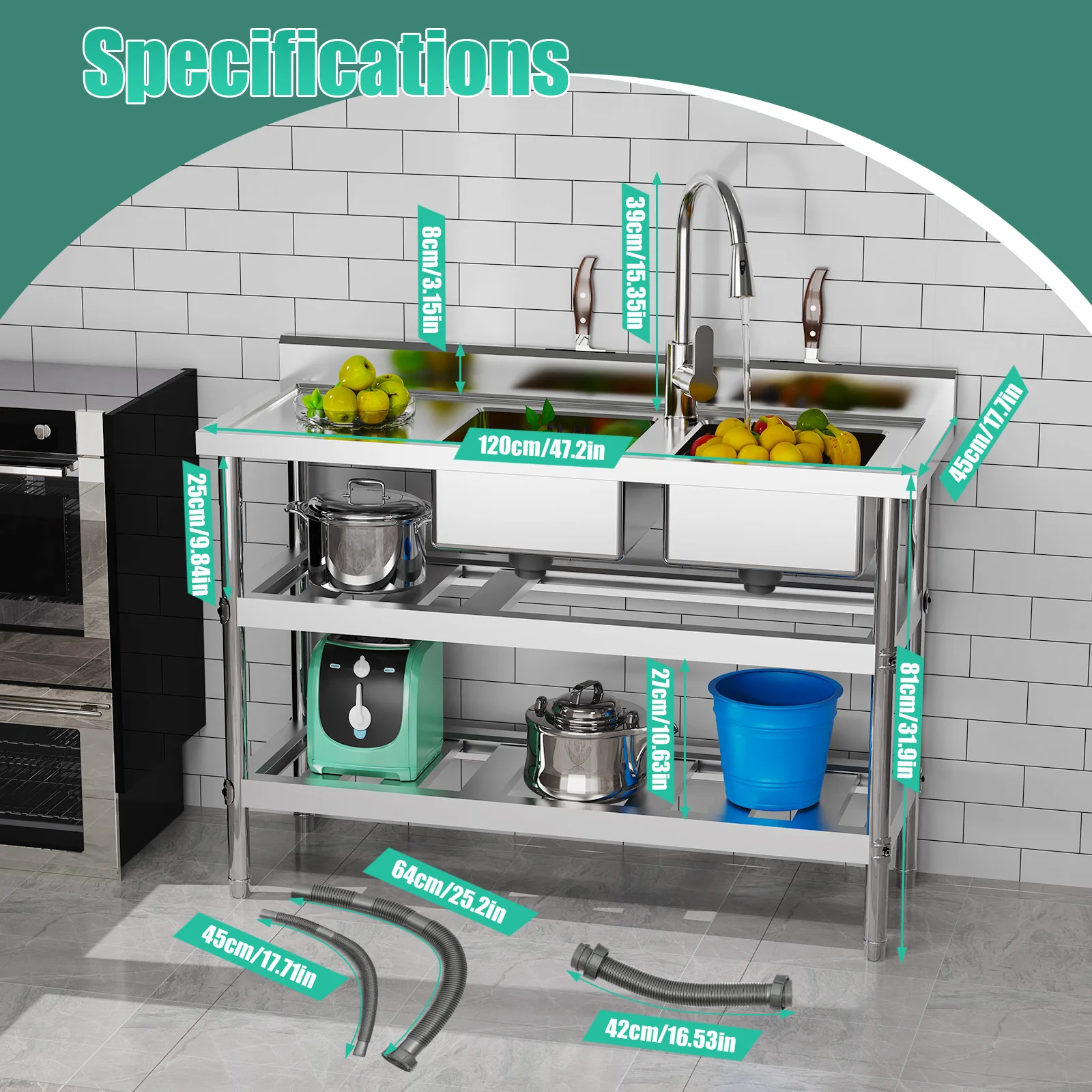 Commercial Restaurant Stainless Steel Utility Free-standing Kitchen Sink 120x45x81cm