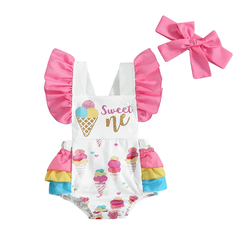 

VISgogo Infant Baby Girls Romper Flying Sleeve Square Neck Ice Cream Print Jumpsuit with Bow Headband 2pcs Summer Clothes