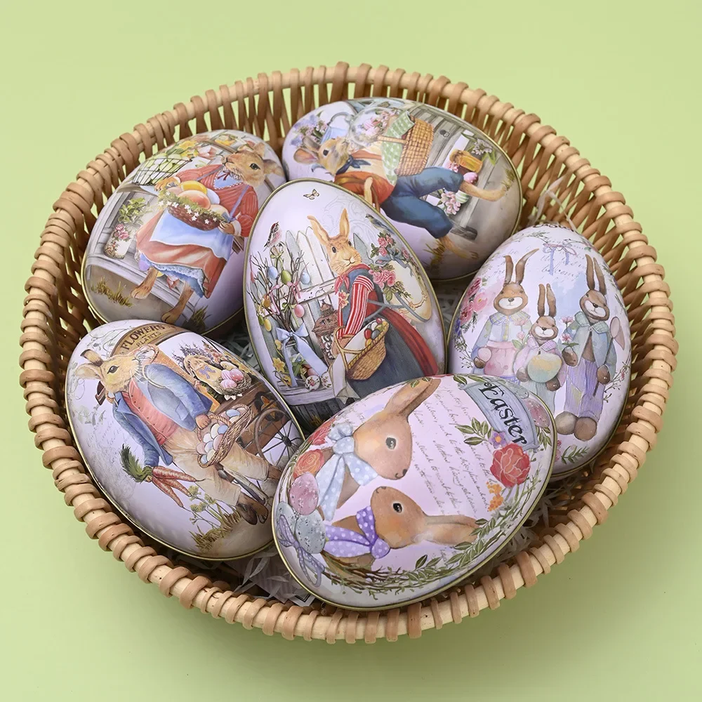 3/6 Stück Ostereierform Weißblech Geschenkbox Vintage Kaninchen Hase Bedruckter Metall Süßigkeiten Kekse Behälter für Ostern Party Geschenkbevorzugung – Detail 8