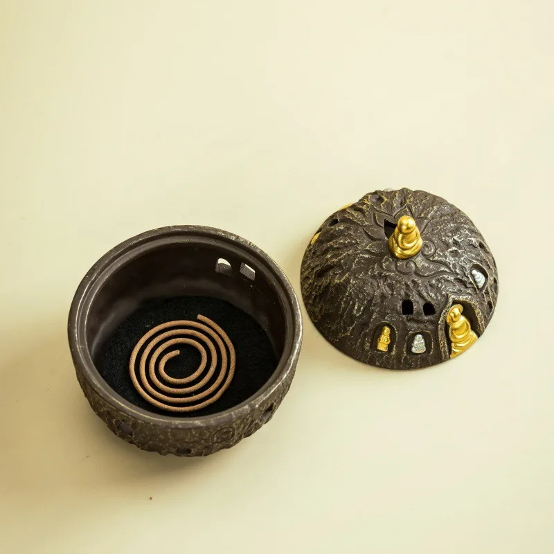 Dunhuang Zen Buddha Coil Incense Burner Ceramic Incense Holder for Sandalwood Agarwood Home Aromatherapy Desktop Decor Gift