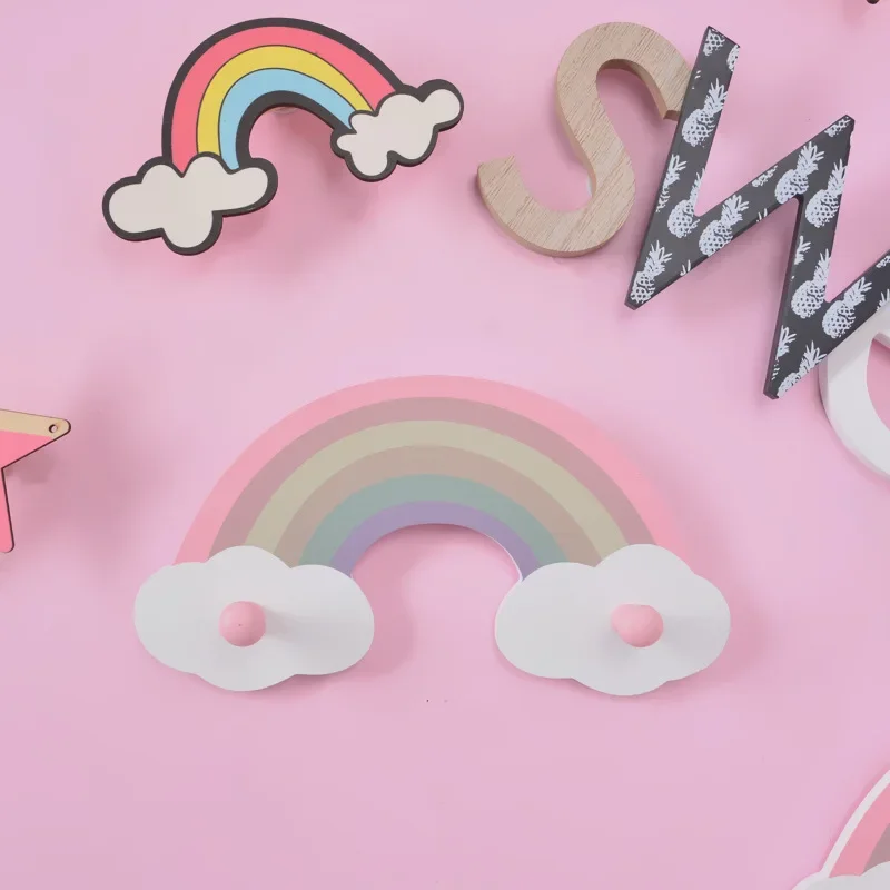 Cute Rainbow Kids Room Hook Wall Mounted Key Holder Wood Hanger Girls Bedroom Decoration Hooks Clothes Sundries Organizer Gifts 4