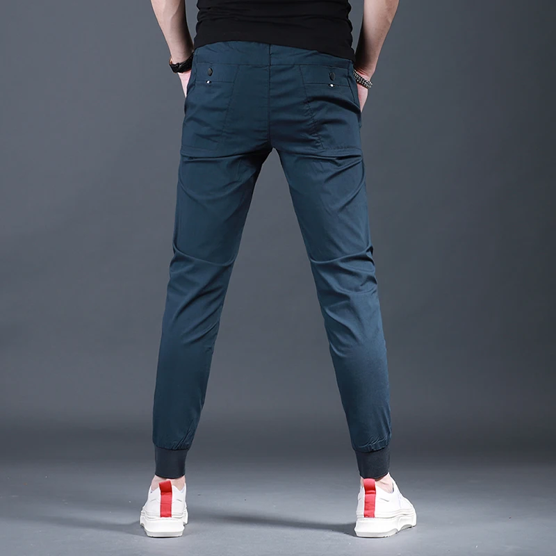 Men's Slim Fit Elastic Waist Black Pencil Pants Summer Fashion Casual Sport Drawstring Jogging Trousers