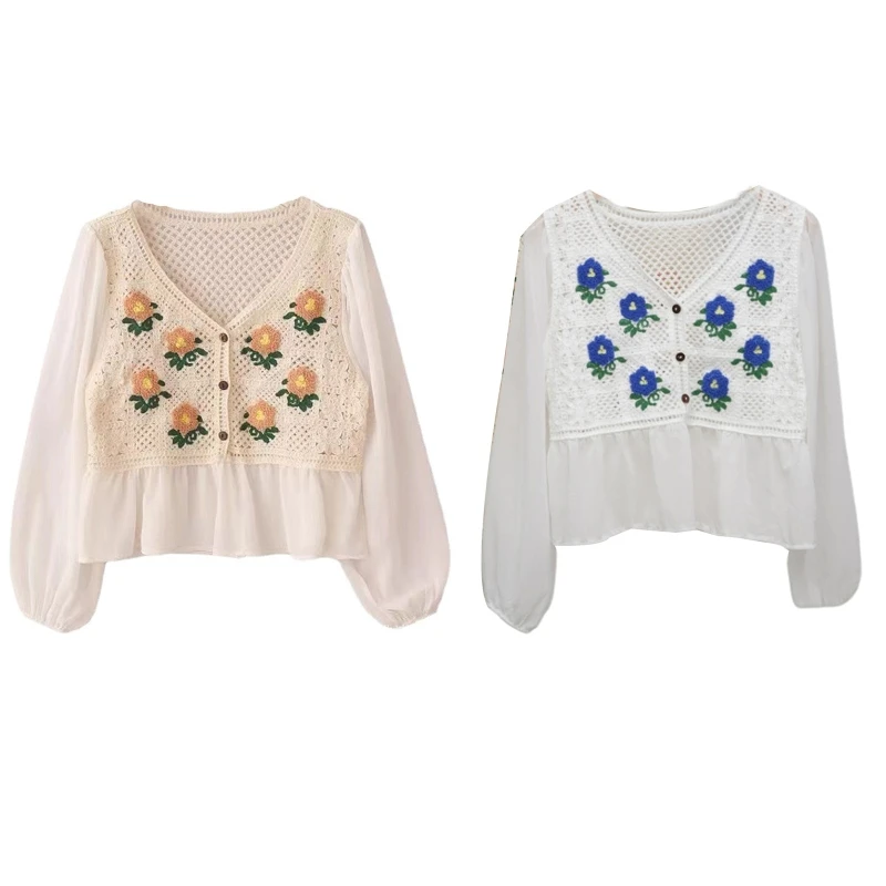 

Women's Tops Crochet Neck Button Down Long Sleeve Shirts Casual Loose Blouses