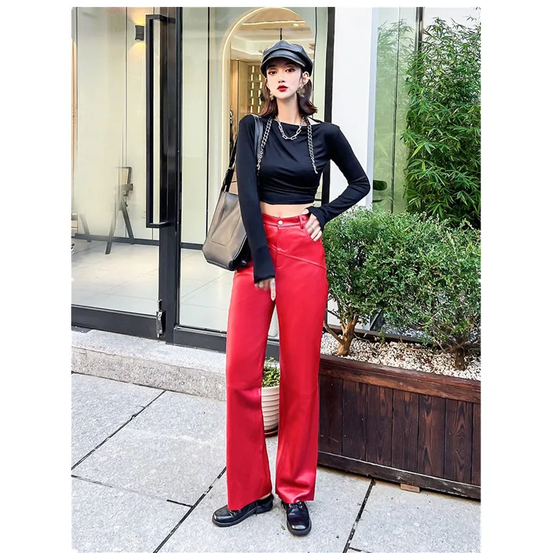 Real Leather Pants Women's Autumn Winter Loose Red Straight Mop