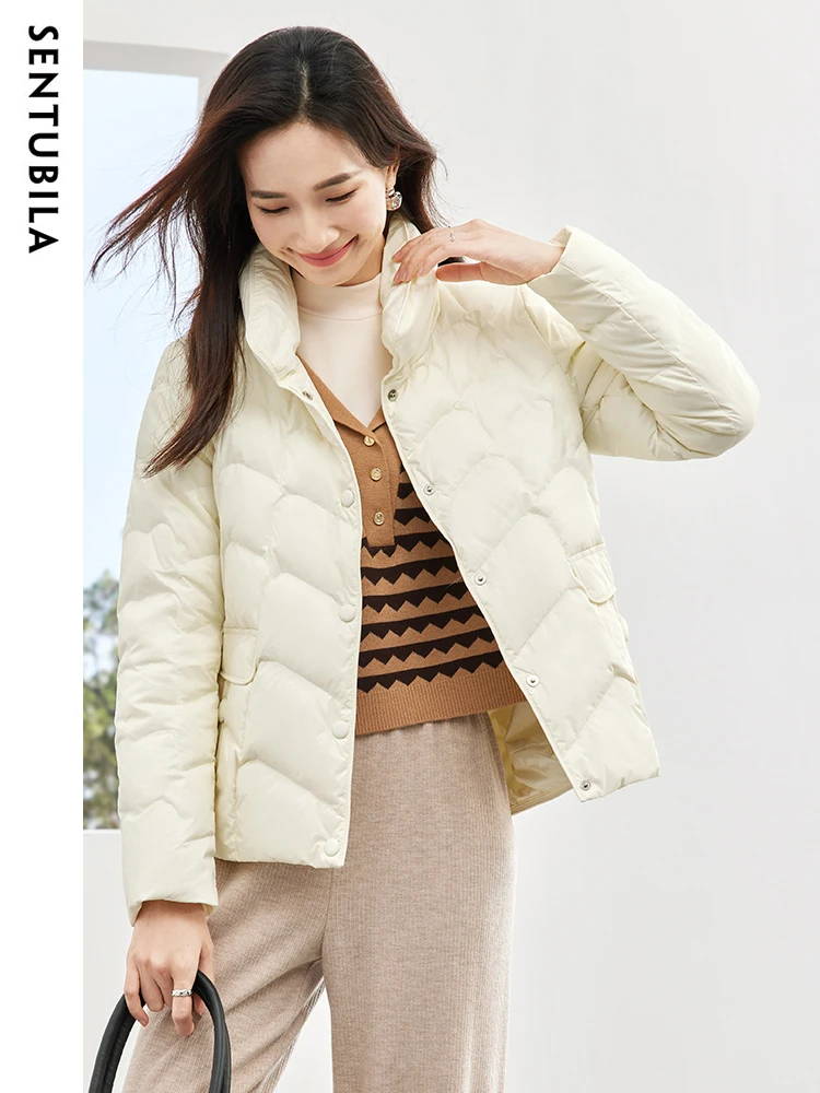 SENTUBILA Winter Casual Warm Down Jacket Women 2023 Autumn Single Breasted Stand Collar Lightweight Crop Down Coat W34Y50153