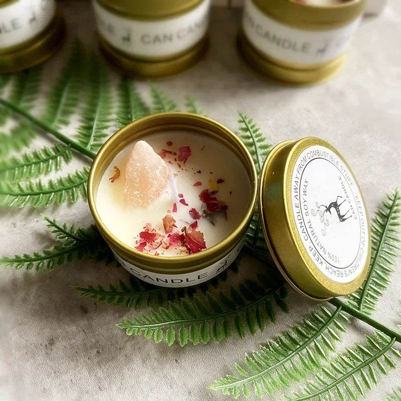 Scented Crystal Stone & Dry Flower Candle in Elegant Silver Tin