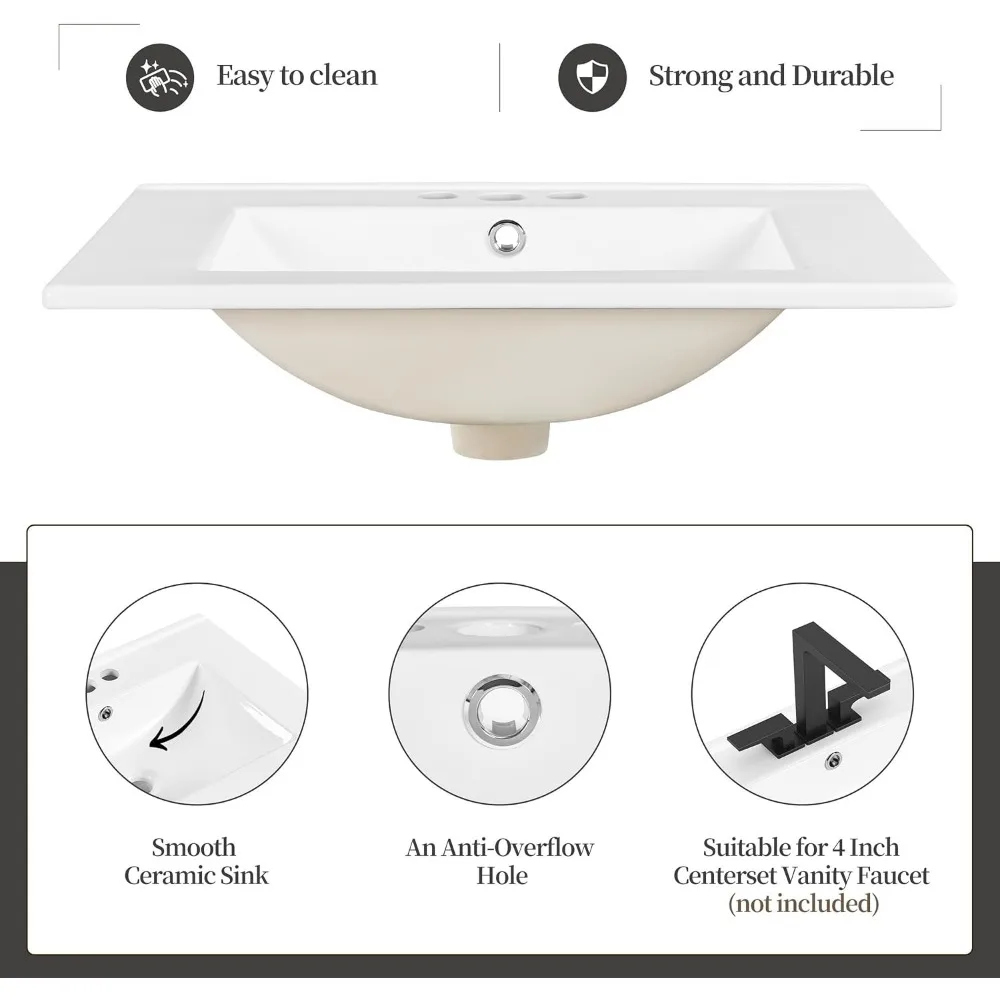 24" Bathroom Vanity with Sink, Sink Cabinet with Rectangular Ceramic Basin, Vanities Cabinet with 2 Doors and 1 Open Shelf,White 5