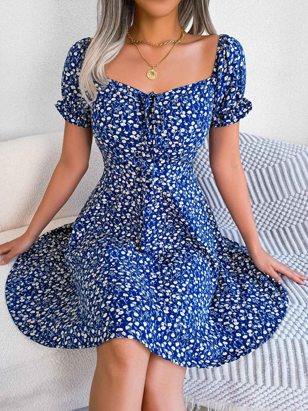 

Summer Square Collar Floral Ruffles Mini Dress Women Casual Flare Sleeves Drawstring Lace up Print A Line Dress