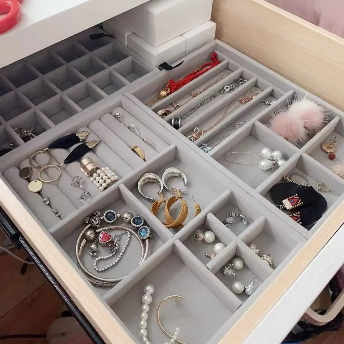 Velvet Jewelry Display Tray Case Stackable Exquisite Jewellery Holder Portable Ring Earrings Necklace Organizer Box Hot Sales