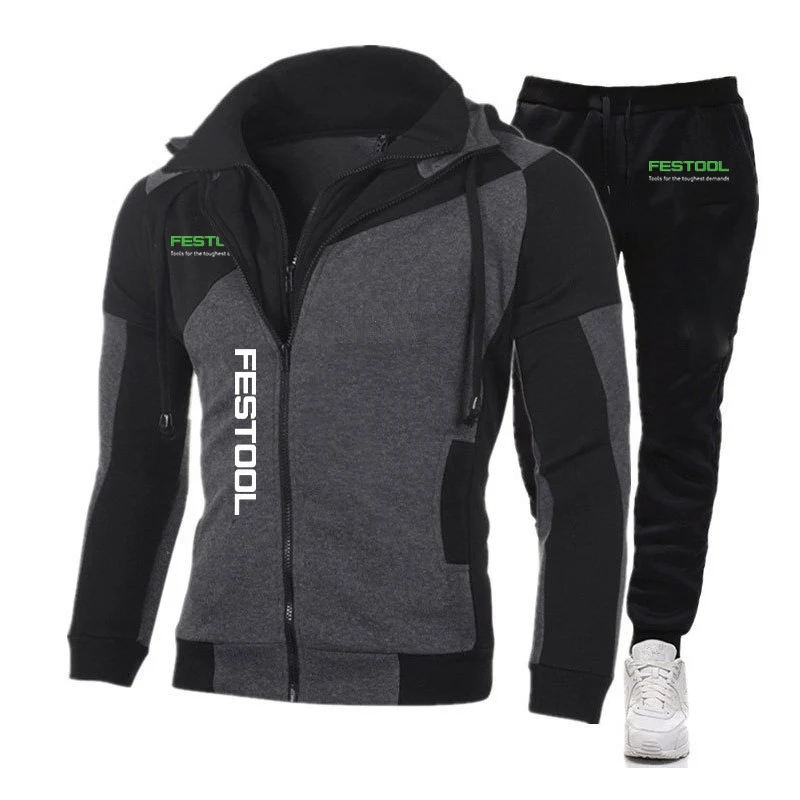 Festool 2023 Men New Spring and Autumn Casual Comfortable Color Matching Diagonal Zipper Fashion Hoodie+Pant Suit