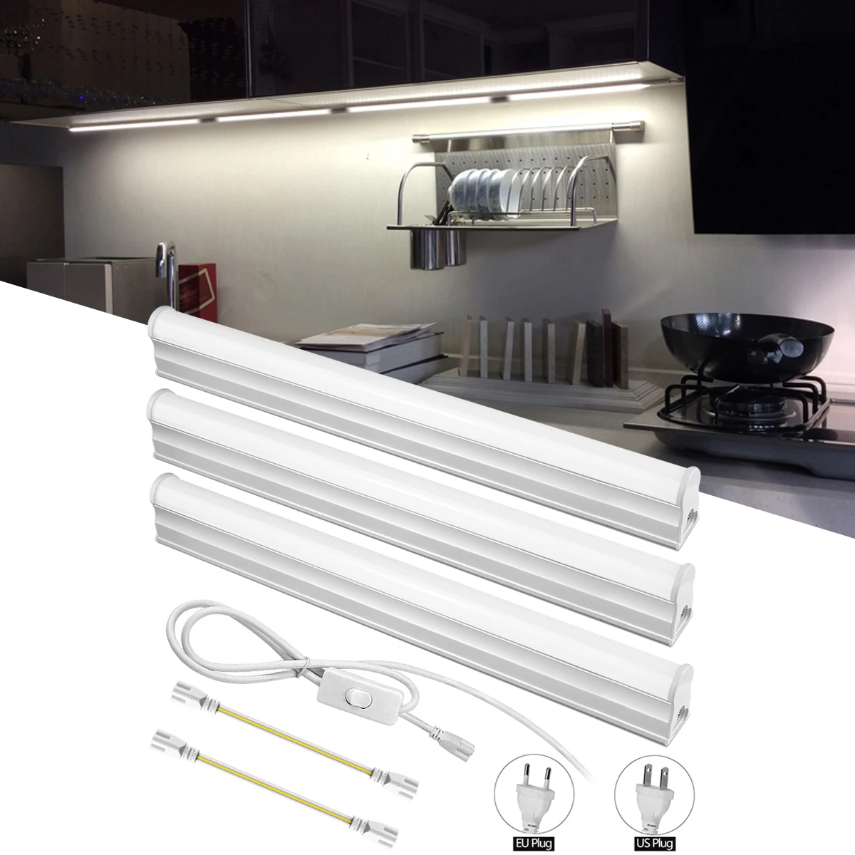 ไฟส่องสว่างใต้ตู้ครัว LED ขนาด 29 ซม. จำนวน 1/2/3/4/5 ชิ้น หลอดไฟ T5 สีขาว/ขาวอบอุ่น ไฟสำหรับคลังสินค้า พร้อมปลั๊ก EU/US 1
