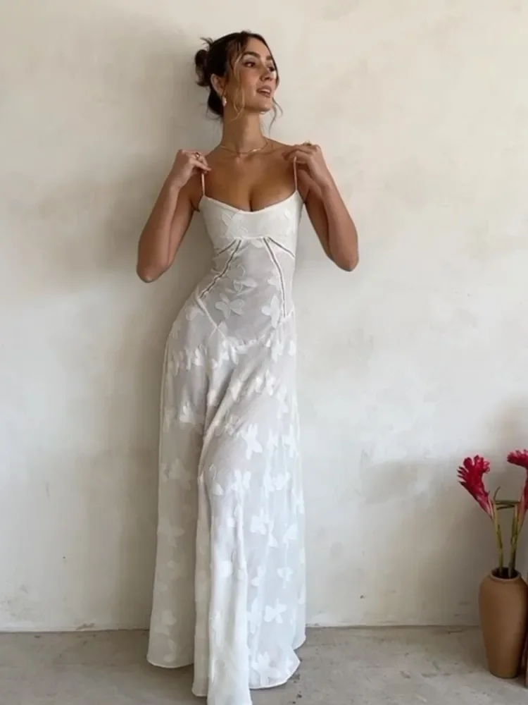 

Ximina Bohemian Print Maxi Dresses for Women Spaghetti Strap Sleeveless A-line Floor-length Party Dress Elegant White Partywear