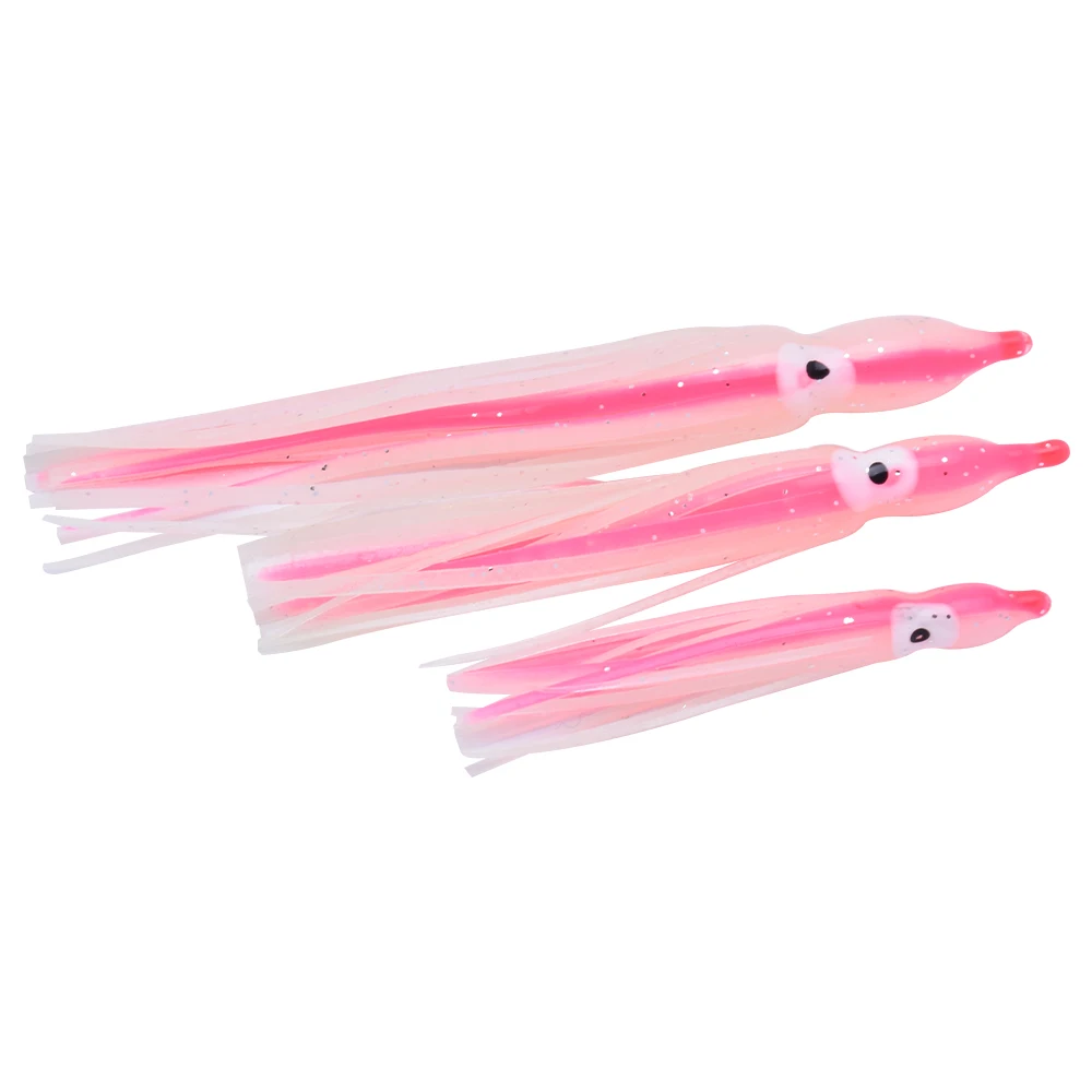 10 Stück leuchtende Simulations-Tintenfisch-Köder, Meeresfischerei-Tintenfisch-Rockköder, 6cm-14cm rosa-weißer Angelhakenköder, Weichköder