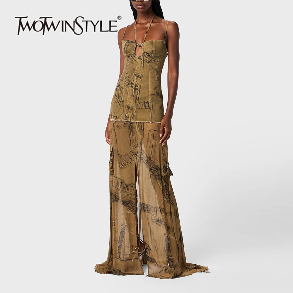 TWOTWINSTYLE Colorblock Printing Chic Dresses For Women Halter Sleeveless High Waist Patchwork Pocket Streetwear Dress Female