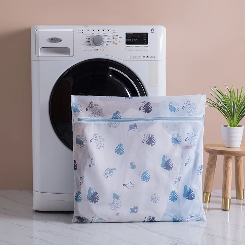Laundry Bag Print Blue Leafves Dirty Clothes Cleaning Protect Washing Bag Household Clothes Organizer Mesh Zipper Laundry Bags 4