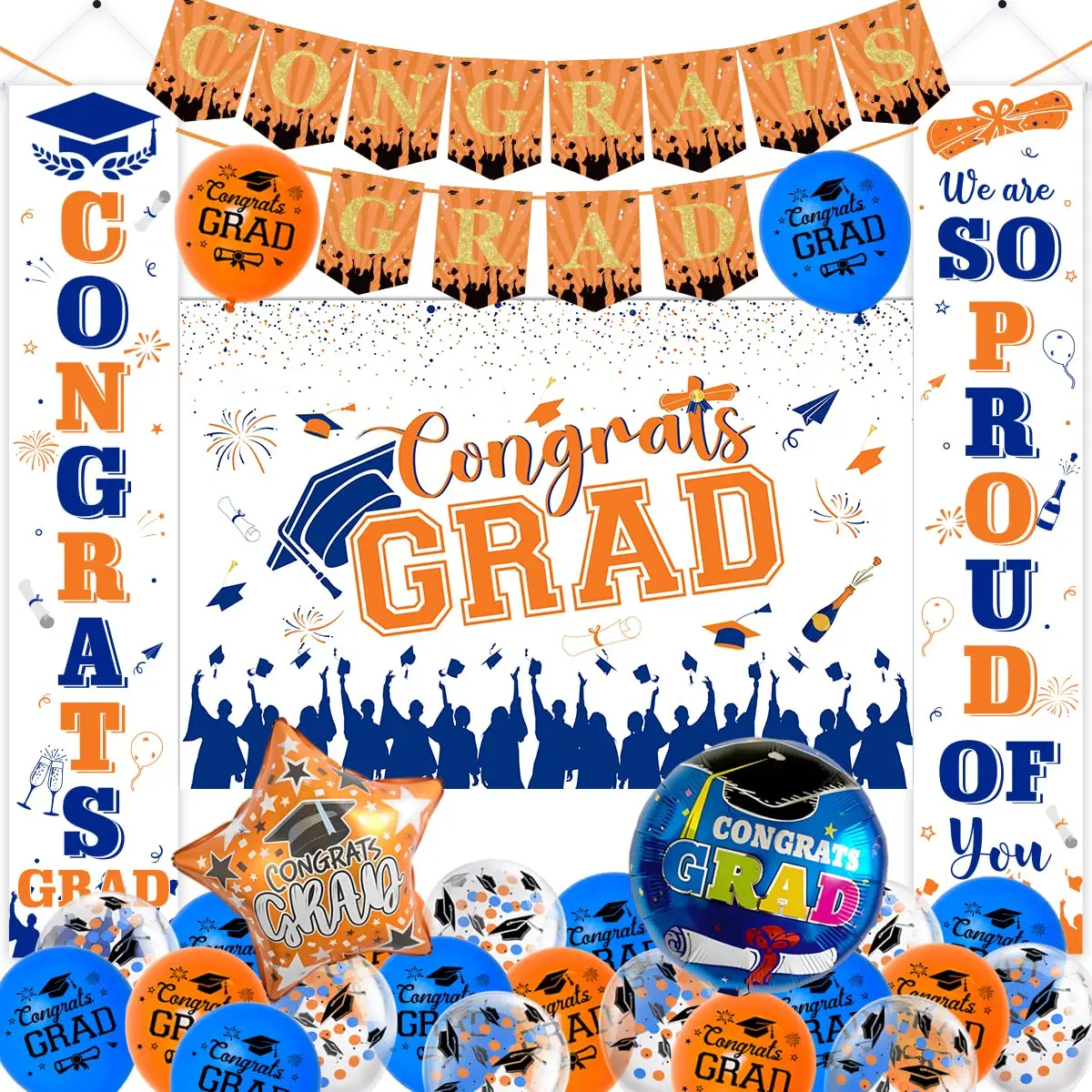

2023 Graduation Decorations Blue Orange and White, Congrats Grad Backdrop We Are So Proud of You Door Sign Banner Balloons Kit