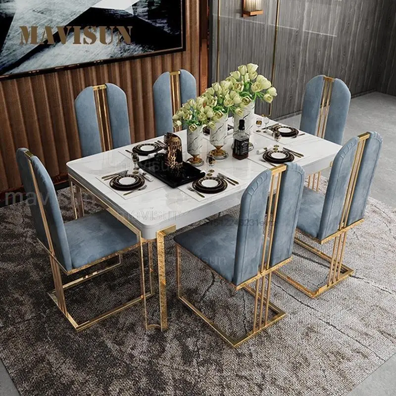  Juego de mesa y silla de comedor de 6 piezas para 4-6 personas,  mesa de comedor con patas de forma especial y respaldos y cojines cubiertos  de espuma, para comedor (gris +