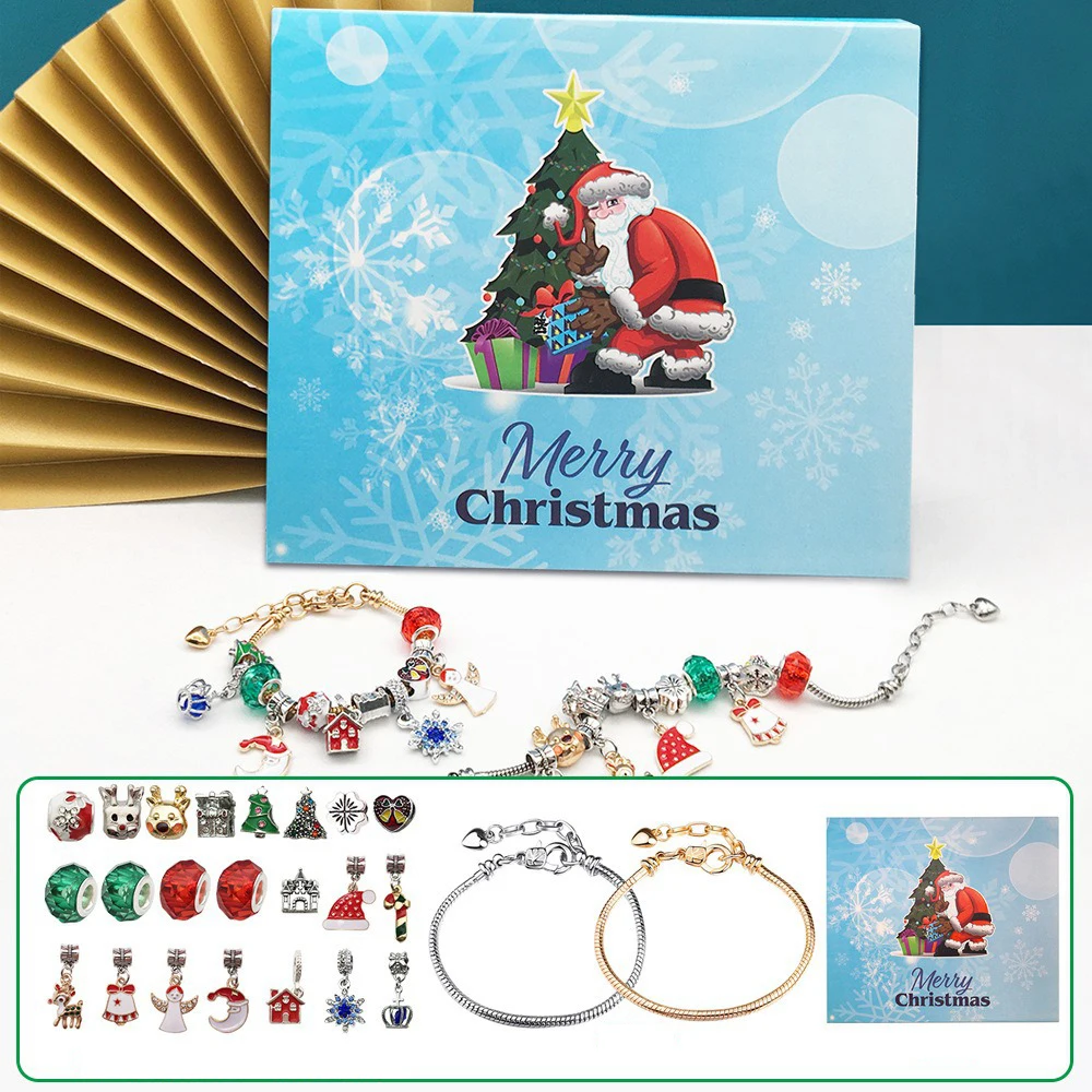 Calendario dell'avvento con braccialetti natalizi per ragazze, 24 giorni, conto alla rovescia di Natale, kit per la creazione di gioielli fai da te, 22 perline e 2 braccialetti per bambini
