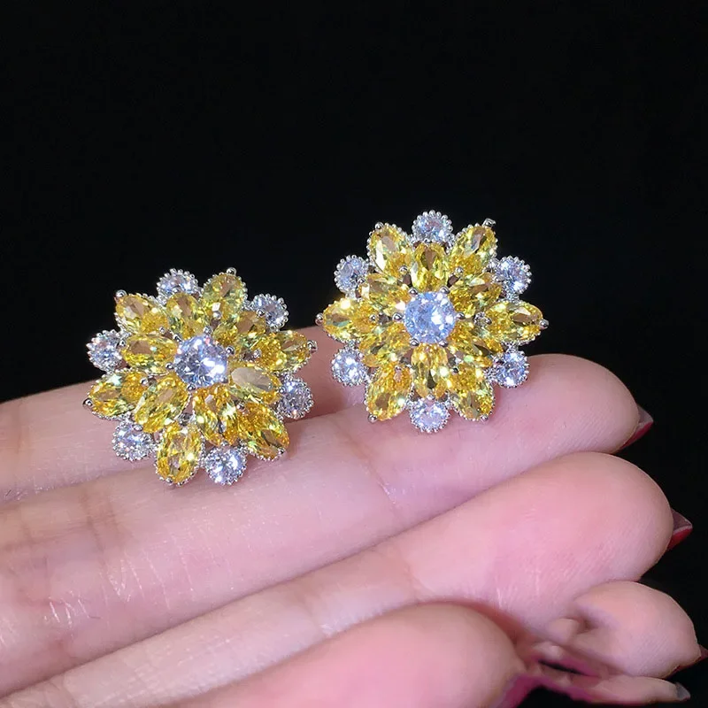 Cubic Zirconia Earrings 925 Silver Needle Stud Earrings Flower Earring for Women
