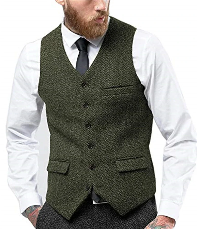 Men's Suit Vest V Neck Herringbone Tweed Business Waistcoat For Wedding Men Vests Groomman Clothing Jacket Victorian SteampunkA