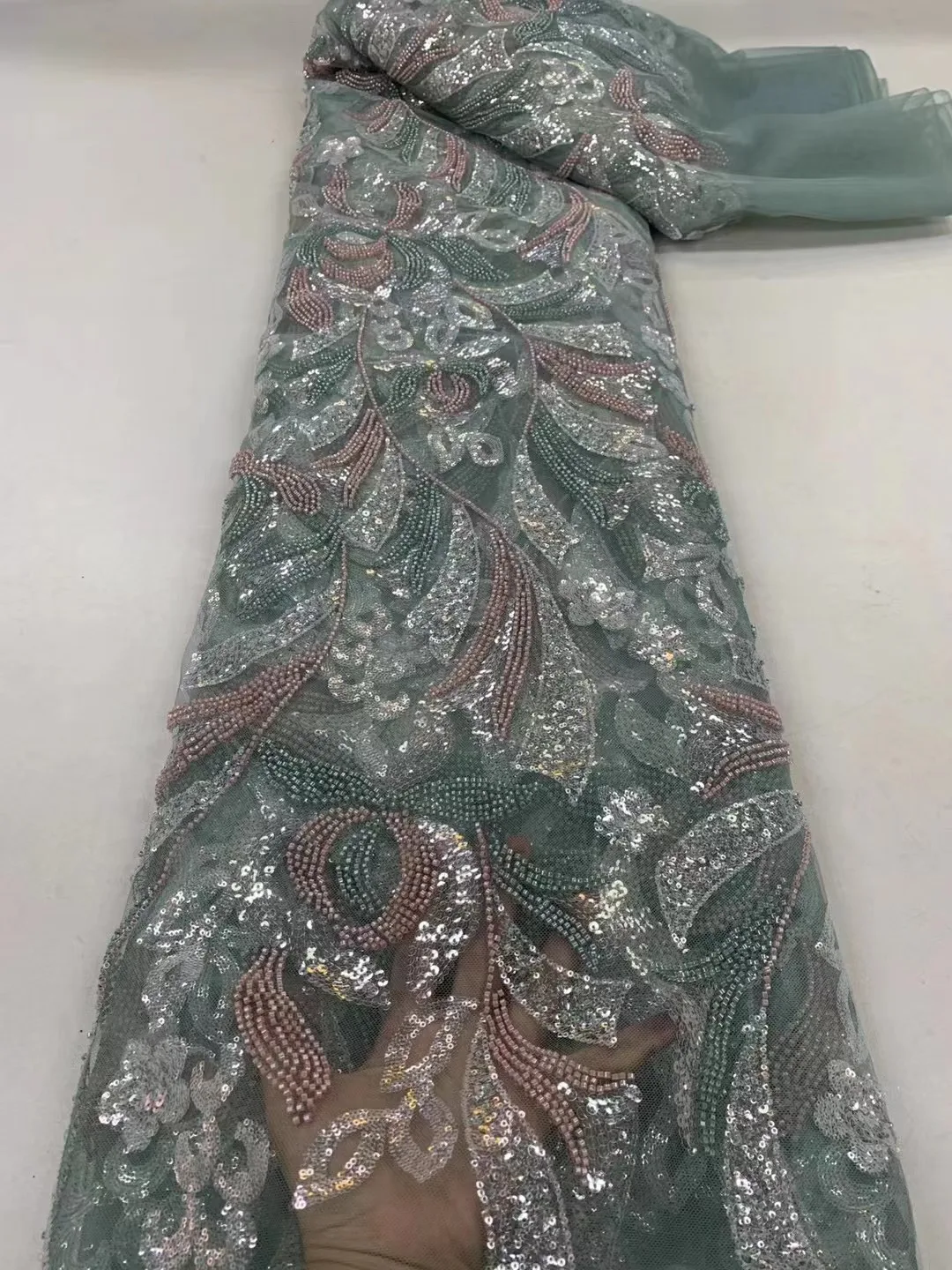 

African Groom Lace Fabric 2023 High Quality 5Yards Nigerian Sequins French Tulle Bead Fabric Material For Wedding Party Dresses