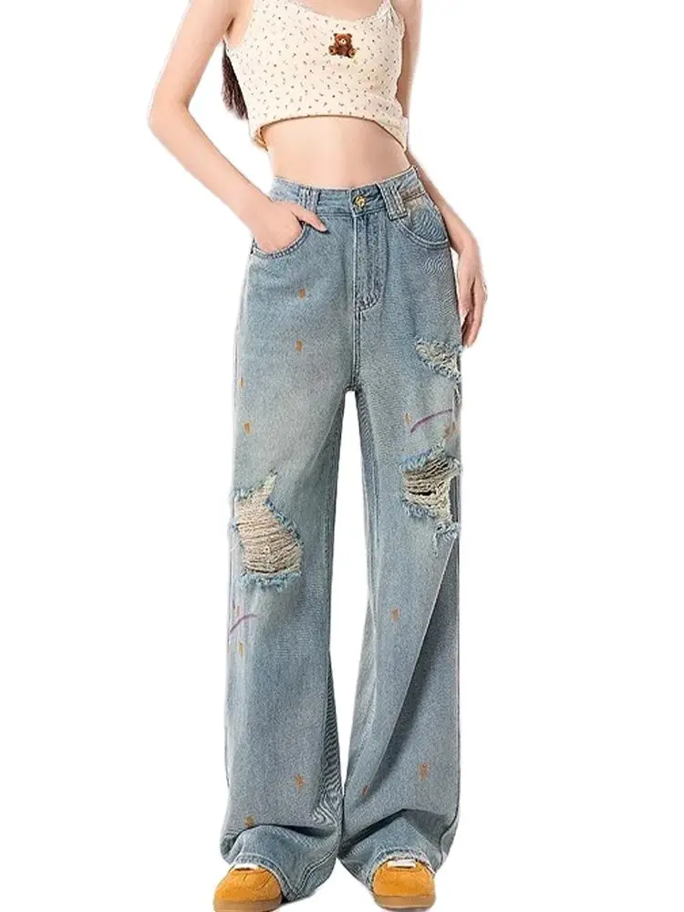 

Новинка 2024, рваные джинсы, женские мешковатые джинсы, винтажные уличные брюки с принтом в стиле Харадзюку, прямые брюки с высокой талией