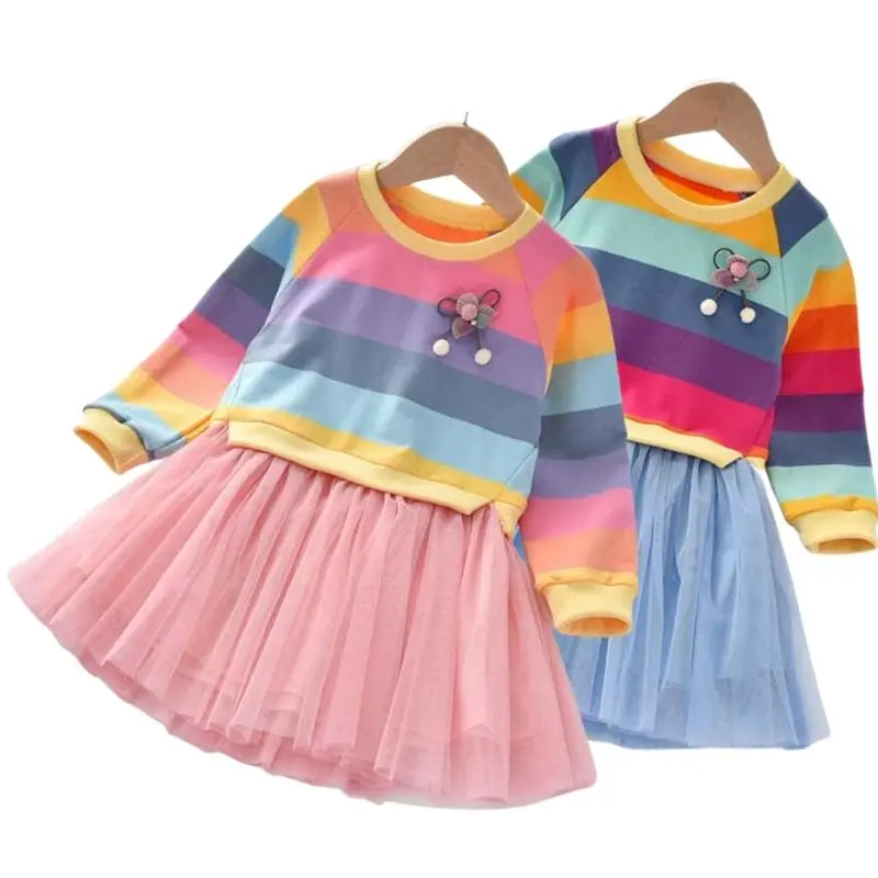 Baby Girls Dress Princess Autumn Sweater Fleece Gauze Tutu Dresses Children Clothing Long Sleeve Rainbow Stripes Dress For Girls girls dress maxi dress princess costume kids clothes