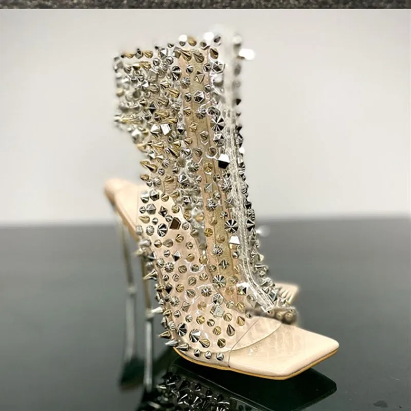 

Fashion Rivet PVC Transparent Thin Heel Women's Sandals Square Head Fish Mouth Super High Heels Sexy Rivet Large Women's Sandals