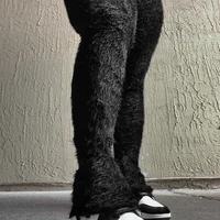 Winter 2024 Womens Street Fashion Fluffy Stacked Jogger Pants Trousers Solid Color Women Bell Bottom Joggers Fuzzy Stacked Pants 1