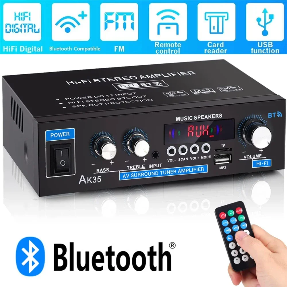 AK35 Home Power Amplifier 2.0 Channel Bluetooth 5.0 Surround Sound FM USB Remote Control Mini HIFI Digital Amplifiers 110V/220V vanguard c50 bluetooth 5 0 infineon ma12070 hifi player card digital power amplifier 80w 2 u disk tf mini sound stereo amp