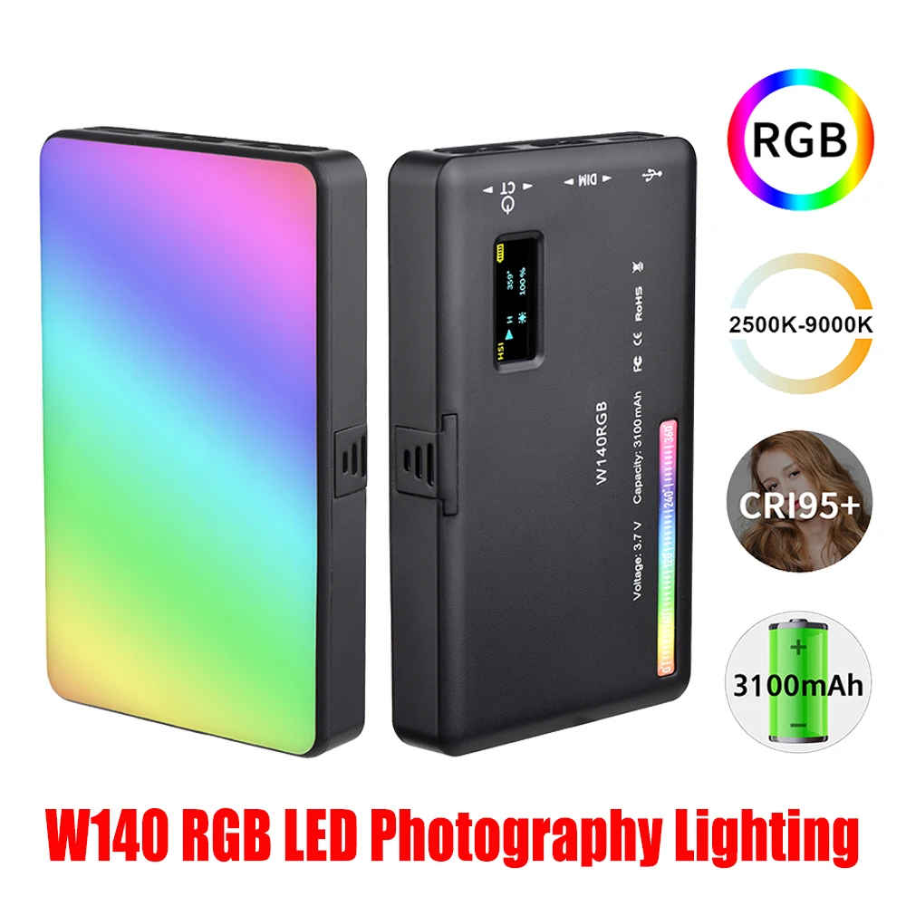 

W140 RGB LED Video Light Rechargeable Photography Fill Light CRI95+ 2500-9000K LCD Display Cold Shoe for TikTok Vlog Live Stream