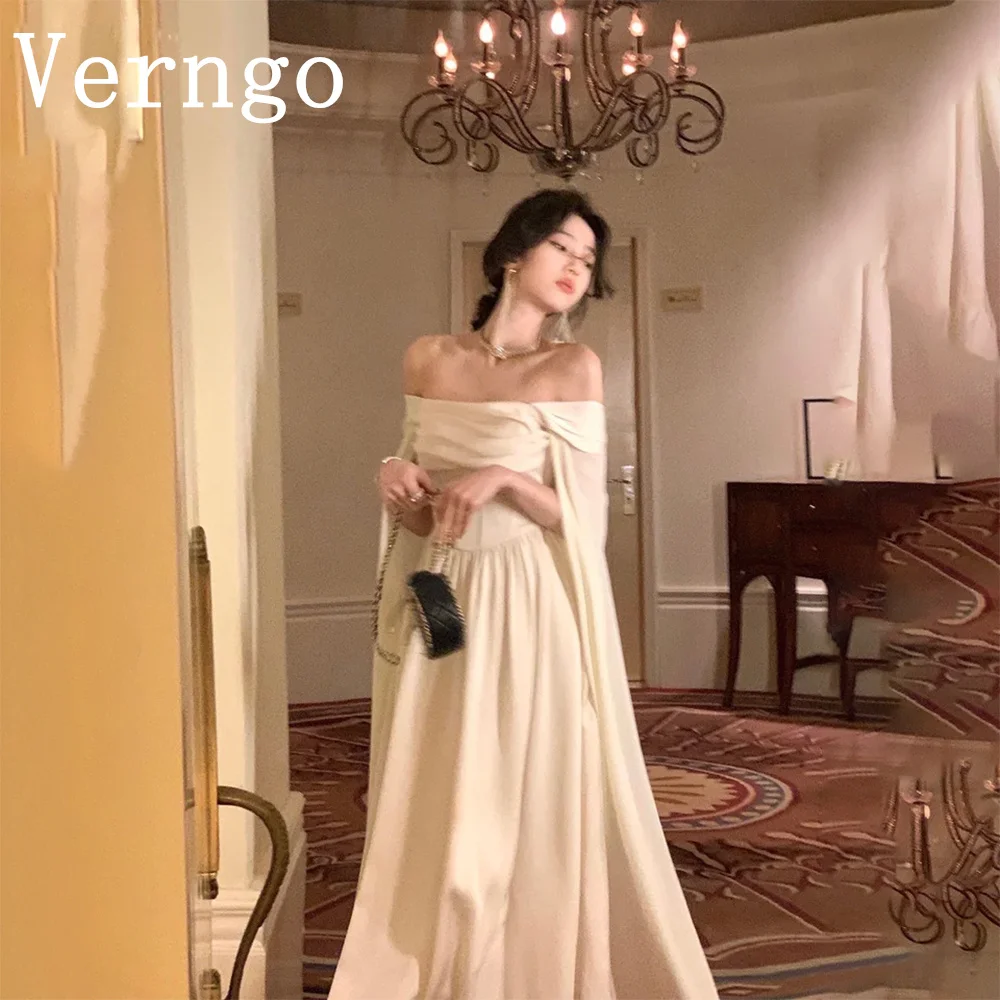 

Verngo Champagne Satin Evening Dress Off The Shoulder Party Dress For Women Simple A Line Prom Dress French Formal Dress