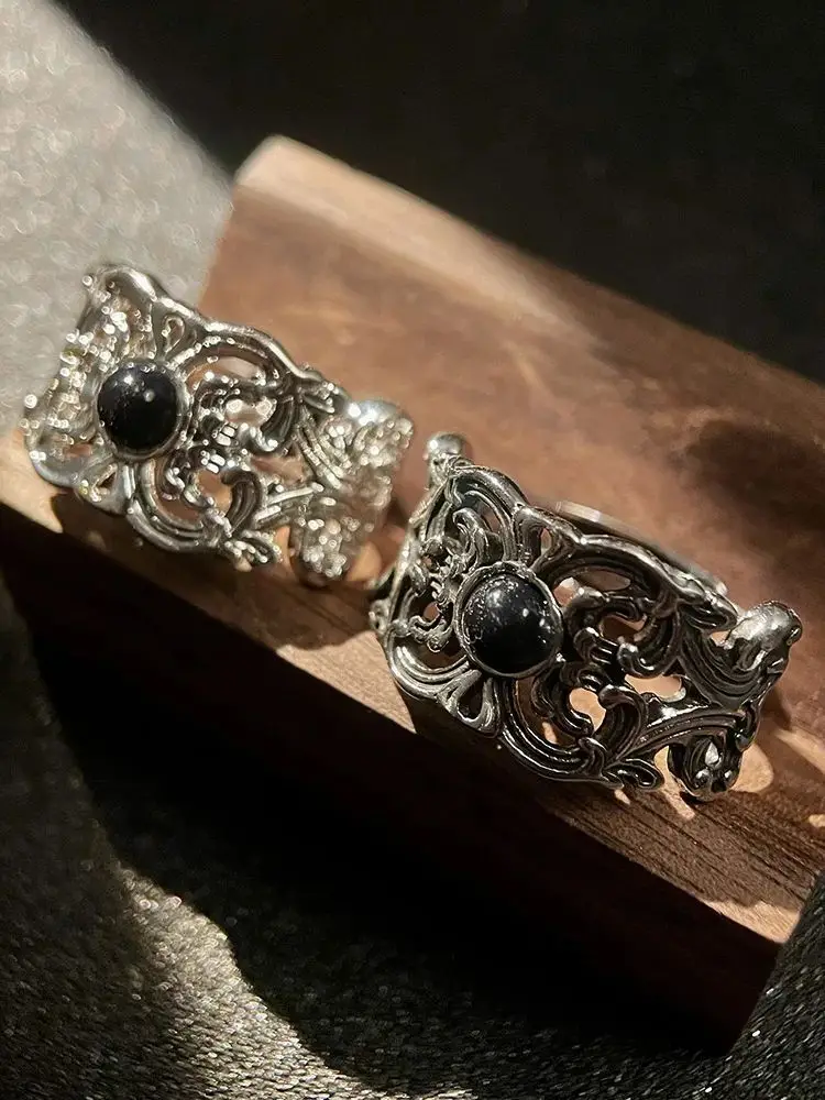 Offener Ring mit Retro-Mongolischer Stammesblumenmuster für Männer und Frauen, antiker Gothic, verstellbarer Ring, Legierung, versilbert, Schmuck, Geschenk – Detail 5