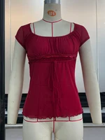 T-shirt en dentelle pour femmes, épaules dénudées, avec cordon de serrage, mode coréenne, fée Grunge, Streetwear, années 2000 6