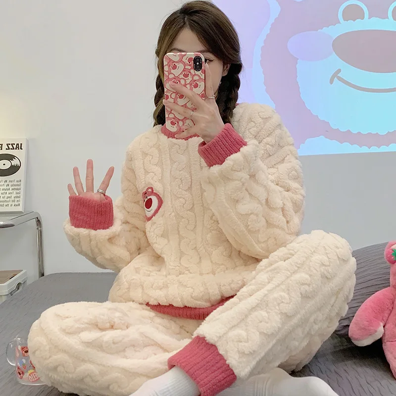 Autumn Winter Women's Pajamas Cute Cartoon Printed Sleepwear Casual Home Wear Set Girl Knitted Size M-2XL Pijamas Fashion Pyjama